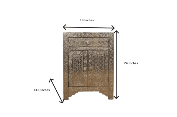 white metal side table on a white background showing the dimensions