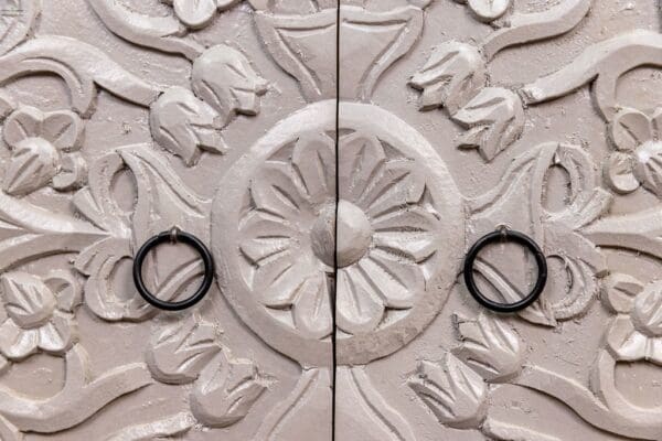 A close up of the door handles on a building