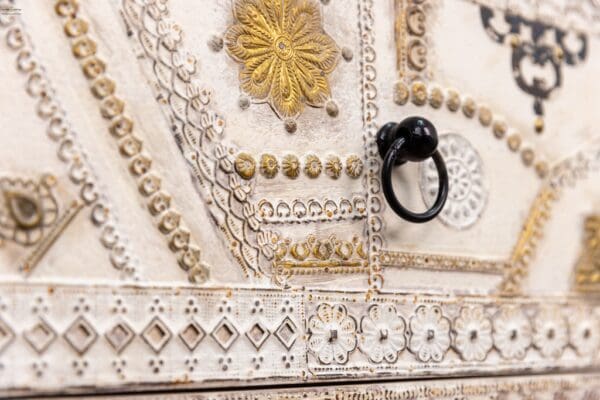 A close up of the handle on a white purse