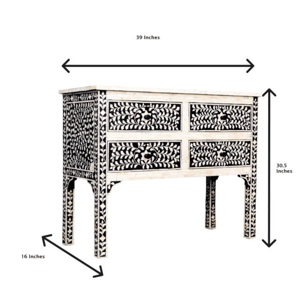 black and white bone inlay console table on a white background showing dimensions