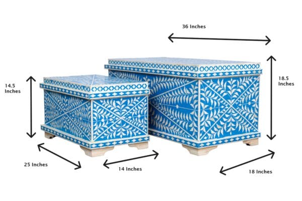A set of two blue and white boxes with measurements.
