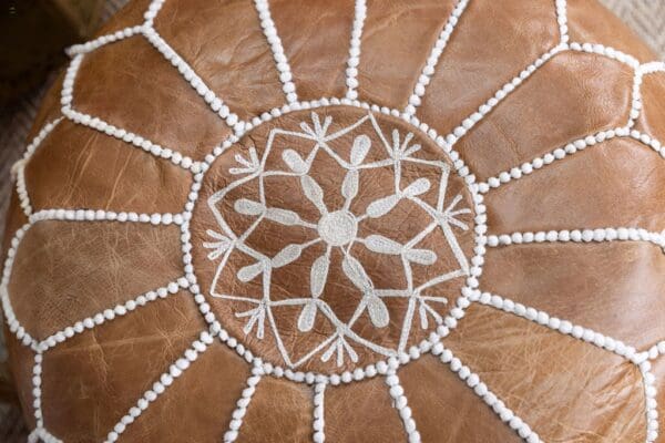 A close up of the bottom of a table with white beads