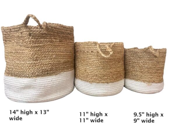 A set of three baskets with different sizes and heights.