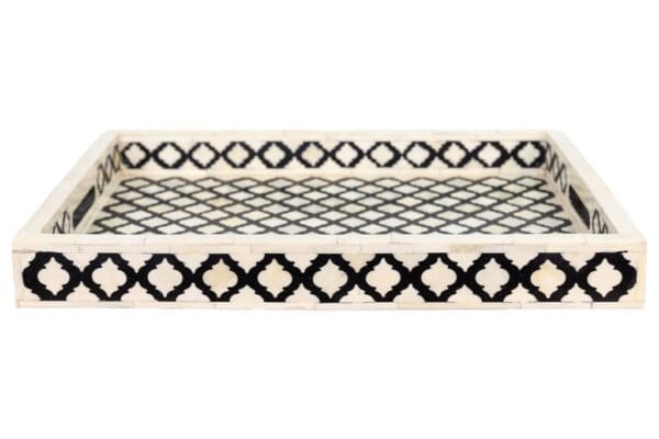 black and white bone inlay ottoman tray with a geometric pattern on a white background