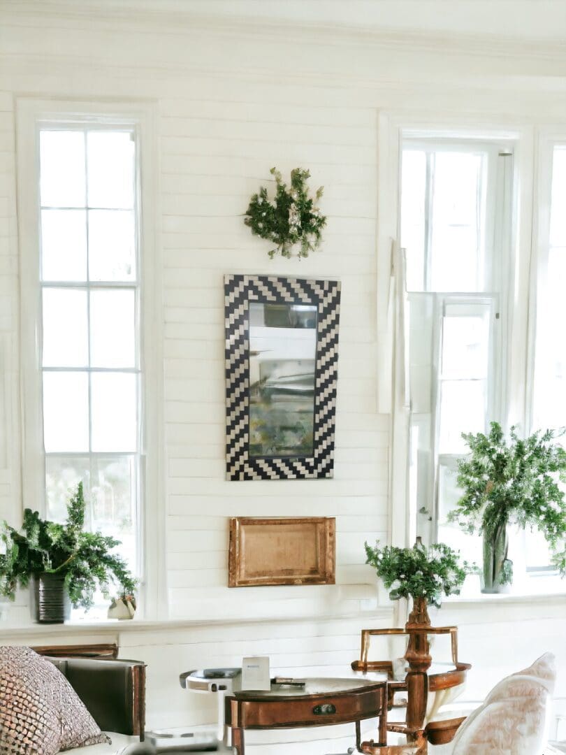 A living room with two windows and plants showing a black and white accent mirror on the wall.