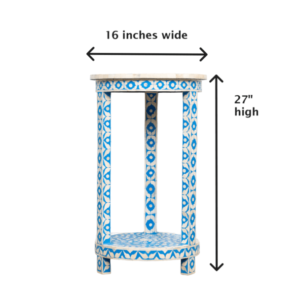 blue and white side table in bone inlay showing dimensions on a white background