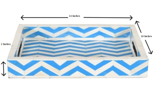 A blue and white striped tray with measurements.