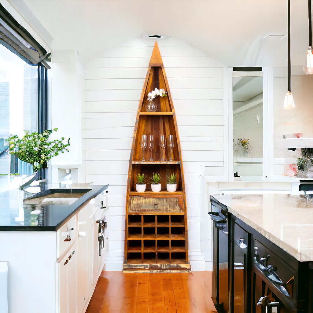 A kitchen with a wine rack and a sink