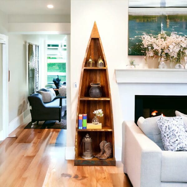 A living room with a fireplace and a white couch