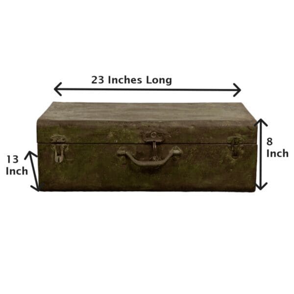 A brown suitcase with measurements on it.