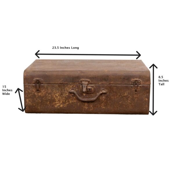 A brown suitcase with measurements on it.