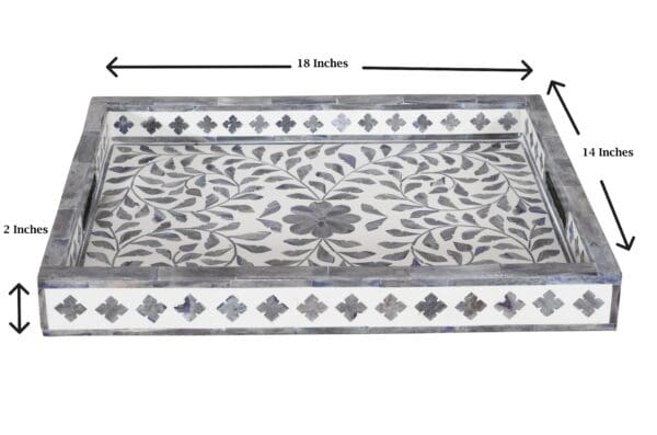 A large rectangular tray with floral design in grey and white.