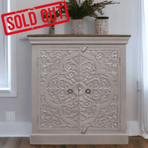 Hand-crafted carved gray cabinet - currently out of stock