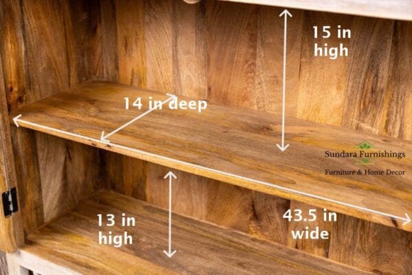 A wooden shelf with measurements on it.