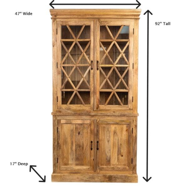 A large wooden cabinet with glass doors and shelves.