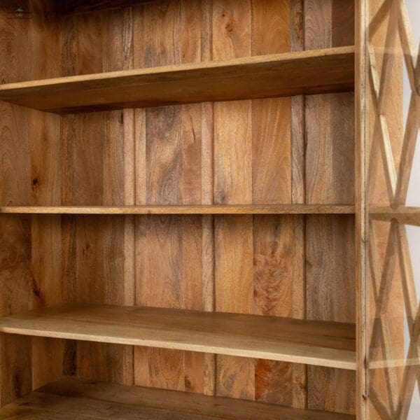 A wooden shelf with three shelves in it.