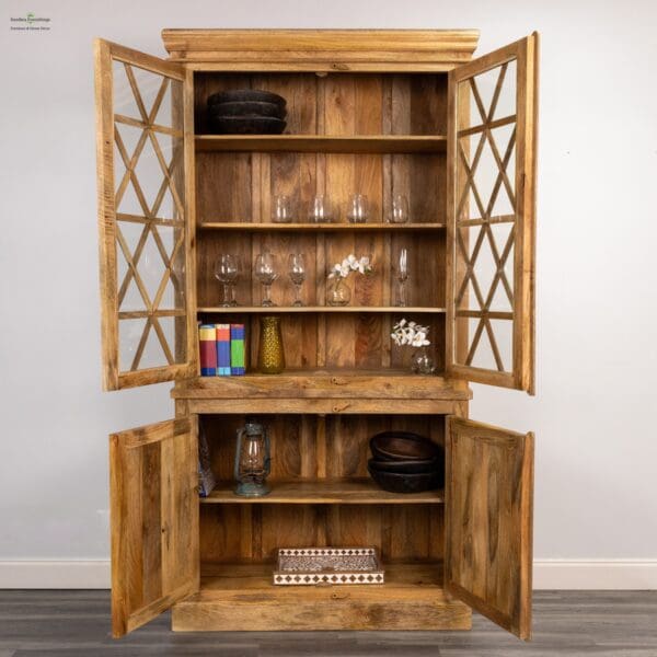 A wooden cabinet with glass doors and shelves.