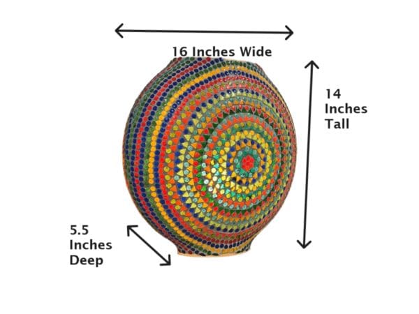 A colorful ball is shown with measurements.