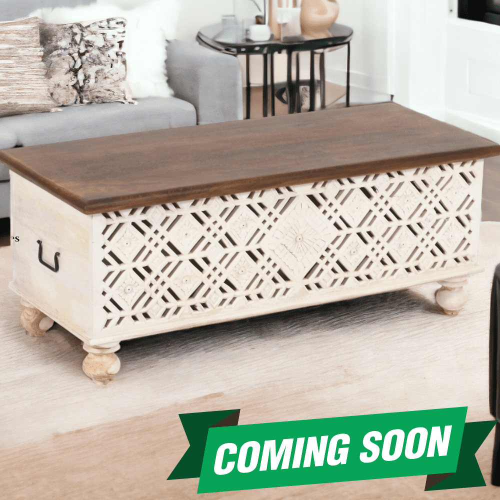 Large hand-crafted solid wood bench trunk with hand-carved geometric cutout front panel - back in stock soon