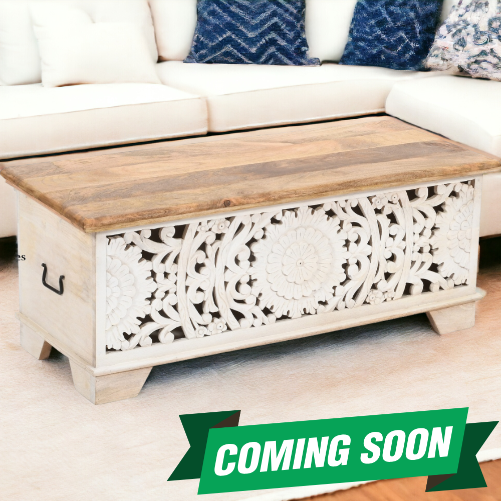 Hand-crafted solid wood bench trunk with hand-carved cutout mandala front panel - back in stock soon