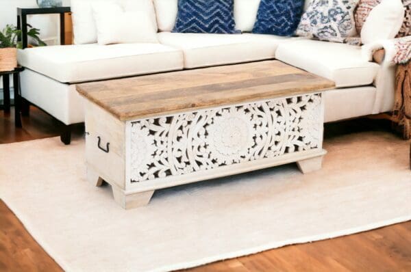 hand-carved mandala cut-out bench trunk staged in a living room