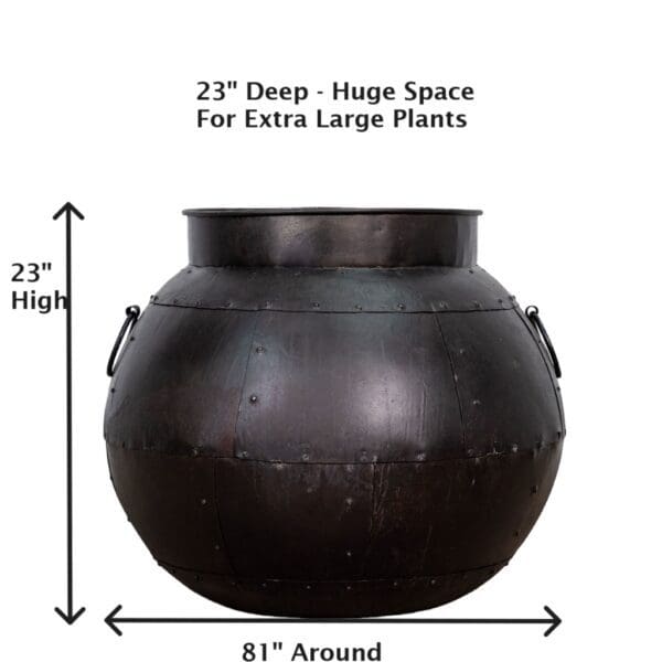 A large black pot with handles and measurements.