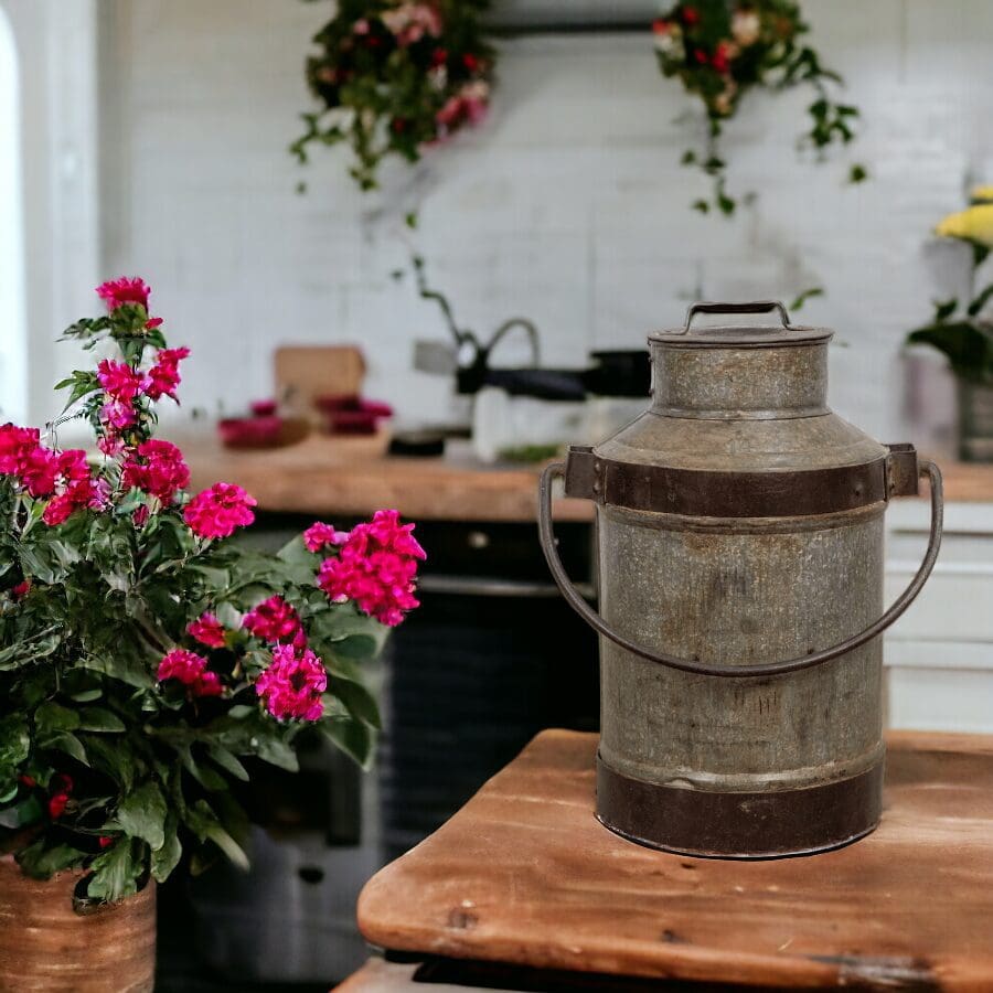 A kitchen with flowers and a milk can on the counter.