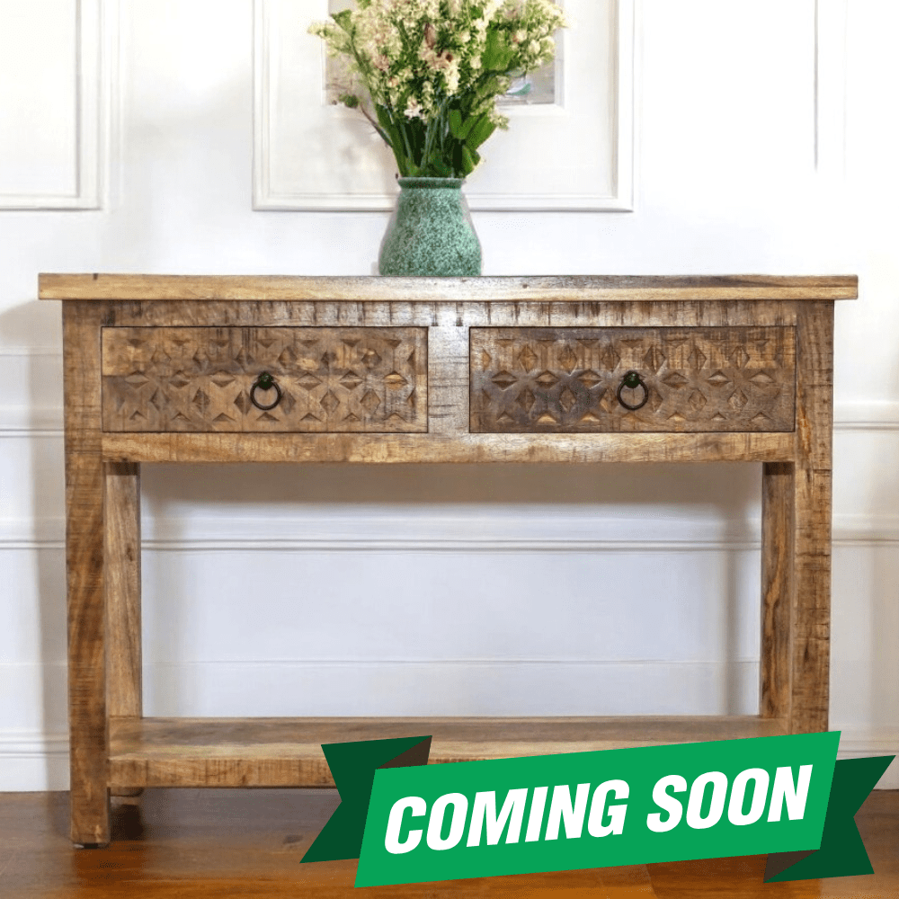 Hand-crafted solid mango wood natural console table with two drawers - back in stock soon