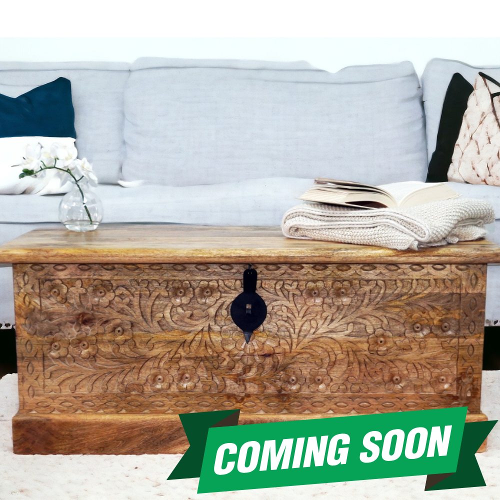 Hand-crafted solid natural mango wood trunk with hand-carved detailing - back in stock soon!