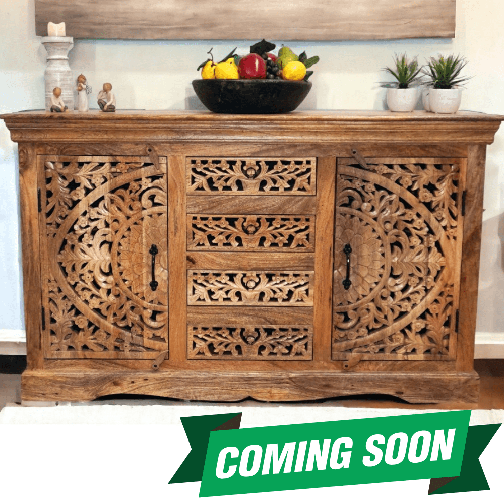 Hand-crafted natural wood sideboard with 2 doors and 4 drawers back in stock soon