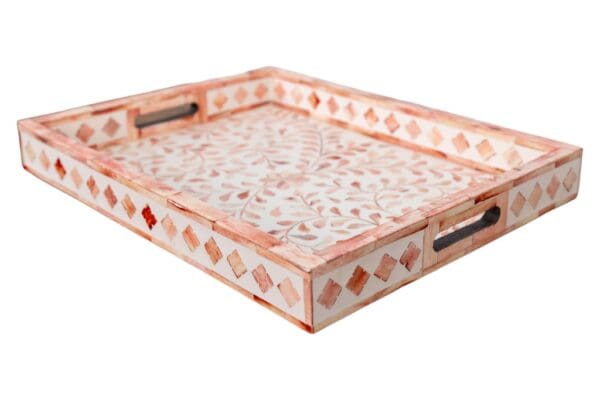 pretty pink and white decorative serving tray on a white background