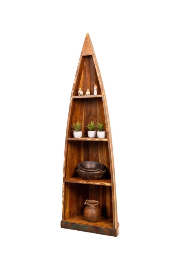 reclaimed wood boat bookcase on a white background