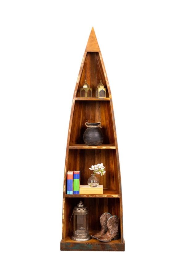 reclaimed wood boat bookcase on a white background