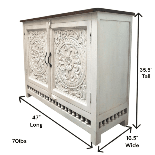 Hand-crafted carved sideboard showing the dimensions