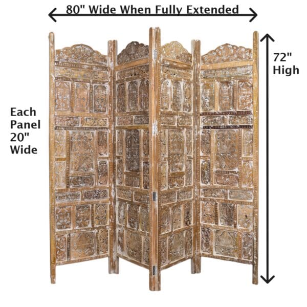 A wooden screen with a floral design and four panels.