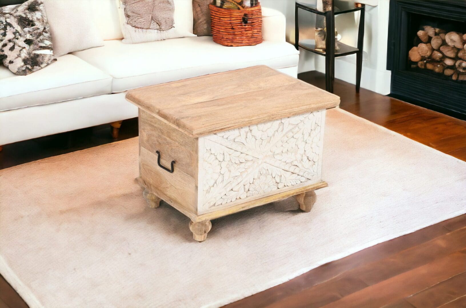 A wooden trunk with a white design on it.