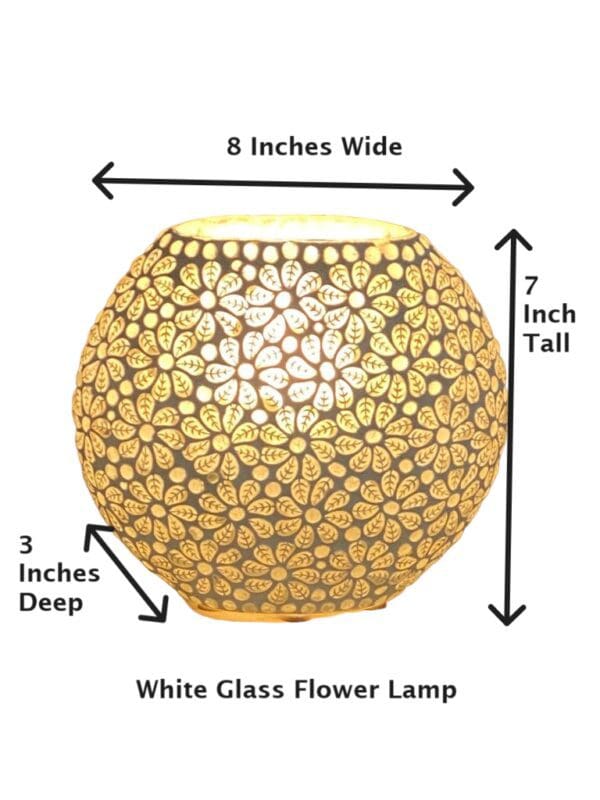 A white glass flower lamp with the measurements of each side.