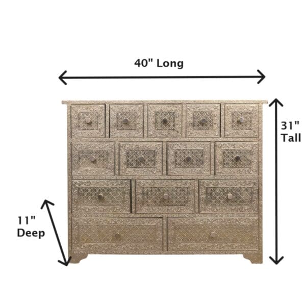 A large wooden chest of drawers with measurements.