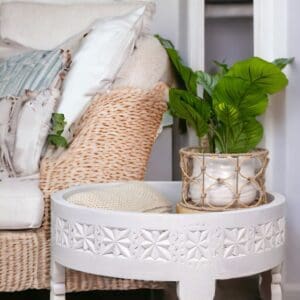 A white table with a plant on top of it.