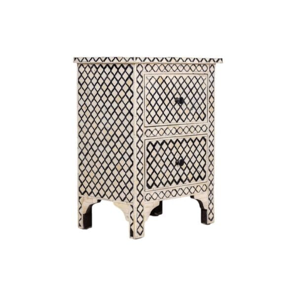 black and white bone inlay nightstand on a white background