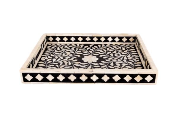 hand-crafted floral black and white bone inlay decorative tray on a white background.