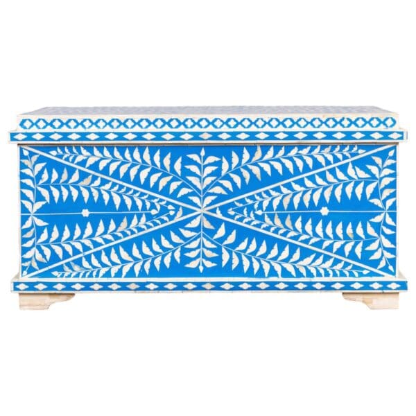 blue and white bone inlay ottoman on a white background