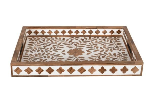 A tray with a brown and white design on it.