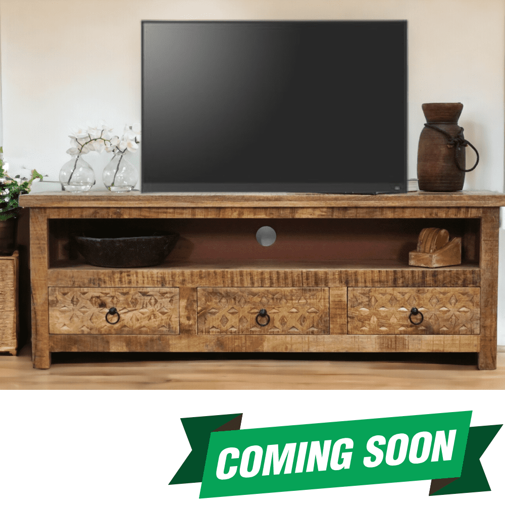 Natural mango wood tv stand with 3 hand-carved drawers - back in stock soon