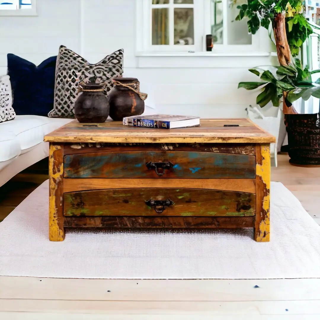 Reclaimed wood coffee table staged in a living room