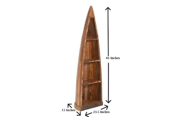 A wooden boat shaped shelf with measurements on top of it.