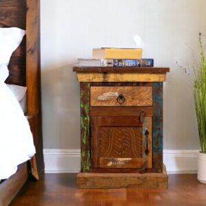 reclaimed wood nightstand staged in a bedroom