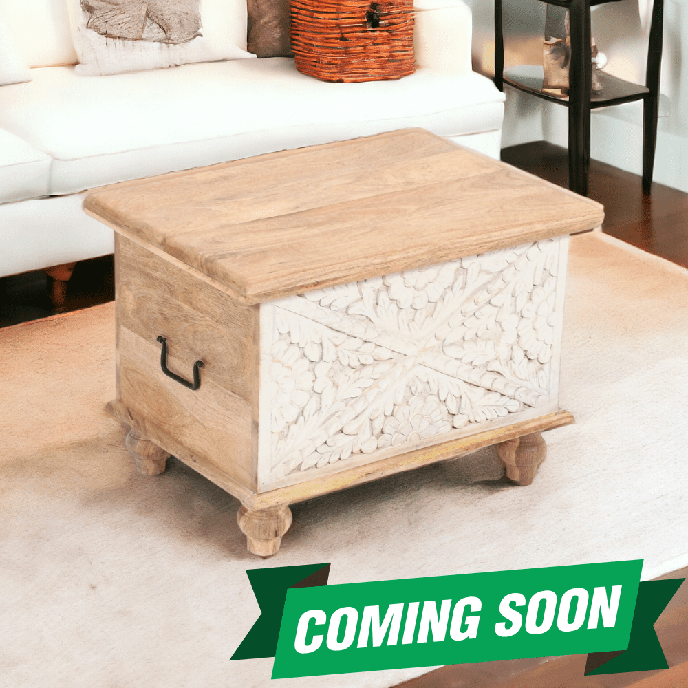 Hand-crafted solid wood trunk with hand-carved detailed front panel - back in stock soon