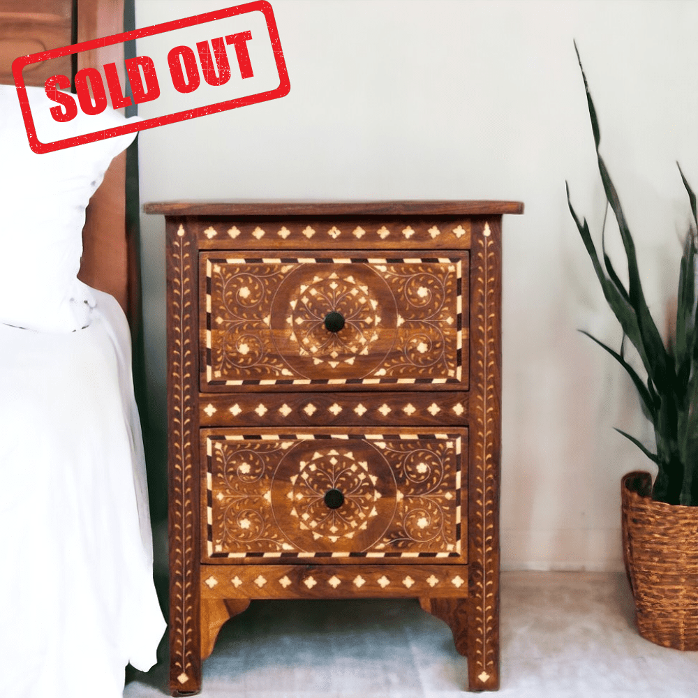 teak inlay nightstand with two drawers sold out