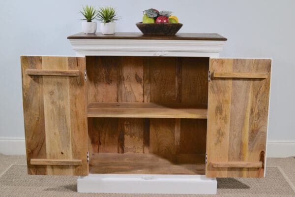 A wooden cabinet with two doors and shelves.